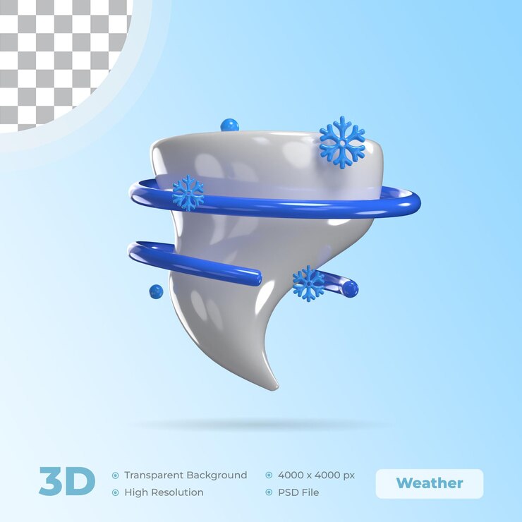 PSD 3d sneeuwtornado model winters wervelende storm 3d icoon weer model met doorzichtige achtergrond