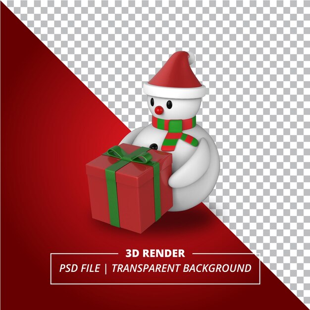 3d snowman with a gift box on transparent background