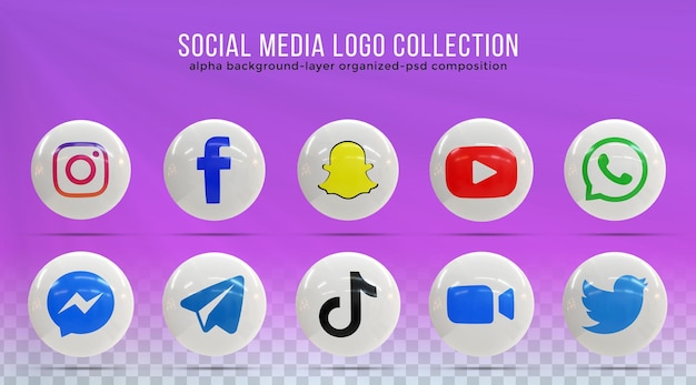3d social media iconen social media logo collectie met 3D rendering glanzende stijl