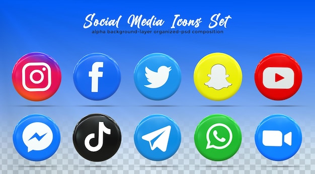 PSD 3d 소셜 미디어 아이콘 3d 렌더링 광택 스타일이 있는 소셜 미디어 로고 컬렉션