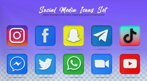 3d icone social media collezione logo social media con rendering 3d in stile lucido