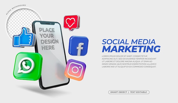 PSD icone di social media 3d con mockup di schermo mobile