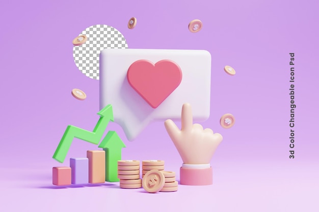 3d social media like growth up icon or 3d social media love reaction icon