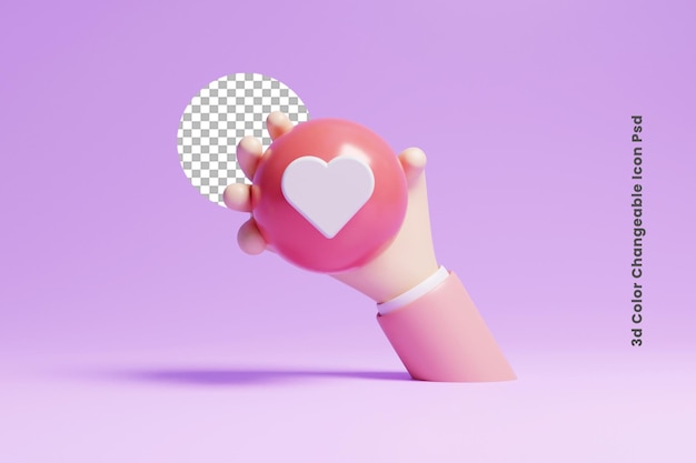 3d social media like holding on hand or 3d social media heart on hand icon