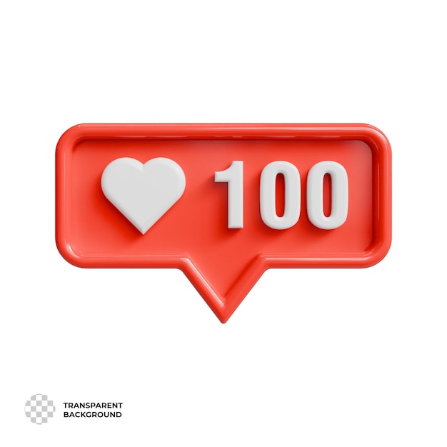 3d social media like notification with heart and number 100