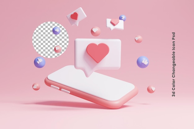 3d social media love and heart icon or 3d social media love with holding phone