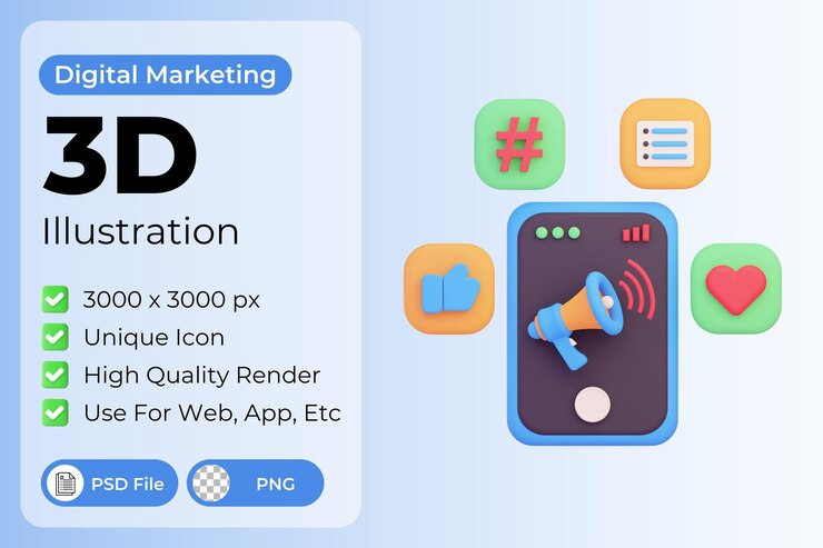 PSD 3d 소셜 미디어 마케팅 일러스트레이션