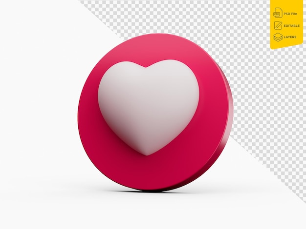 3D 소셜 미디어 알림 그림자와 함께 고립 된 배경에  ⁇ 색 핀으로 심장 아이콘과 같은 사랑