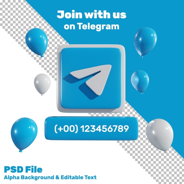 PSD 3d social media telegram logo z balonem i etykietą w tle alfa