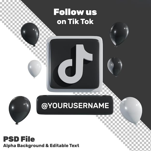 PSD 3d логотип tik tok в социальных сетях с воздушным шаром и альфа-фоном этикетки