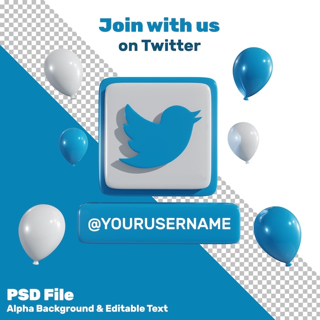 PSD 3d social media twitter-logo met ballon en label alpha-achtergrond