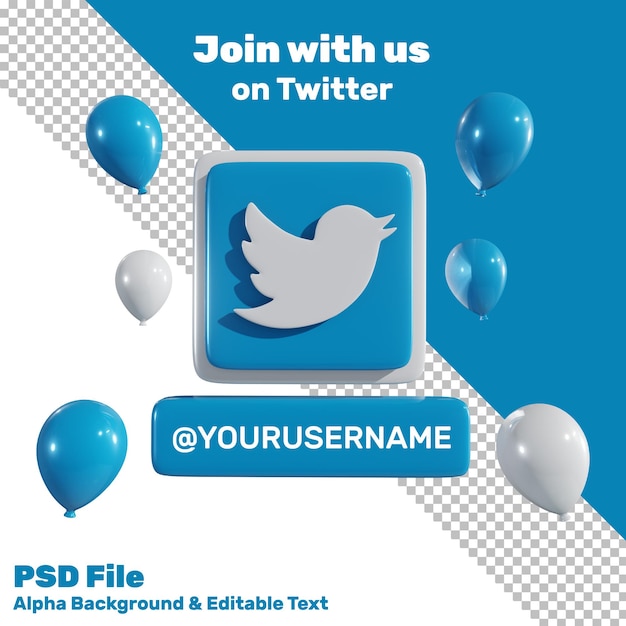 PSD 3d social media twitter logo z balonem i etykietą alpha background