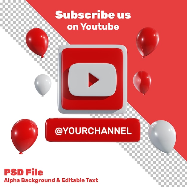 3d social media youtube-logo met ballon en label alpha-achtergrond