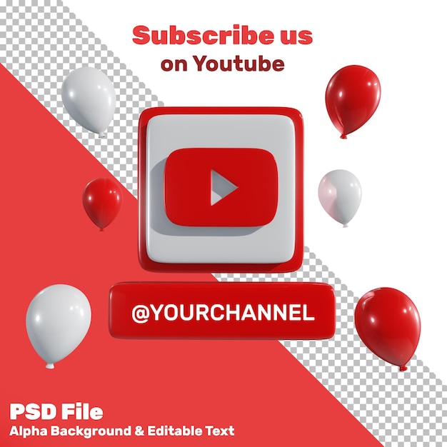 PSD 3d social media youtube logo z balonem i etykietą alpha background