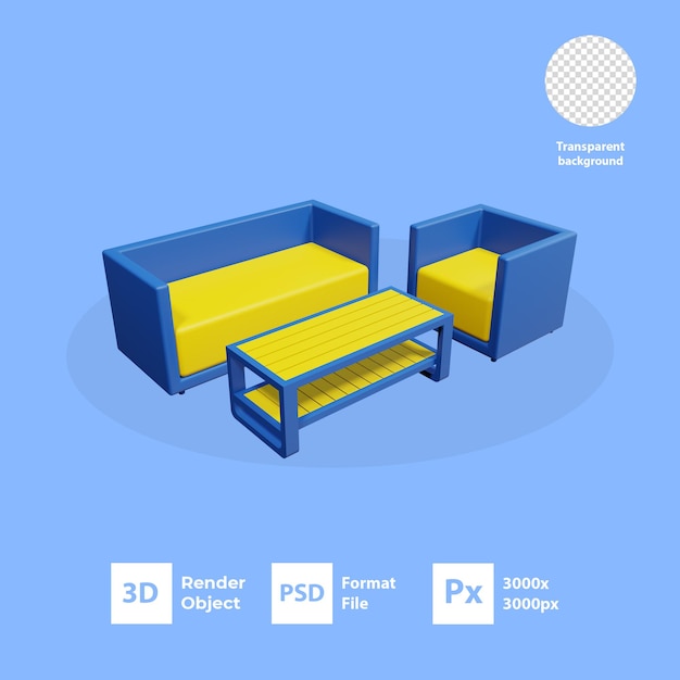 3d sofa and table icon with transparent background psd