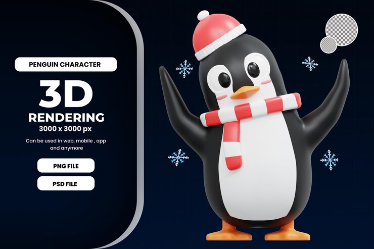 PSD 3d søt pingvin med en lue illustrasjon premium psd