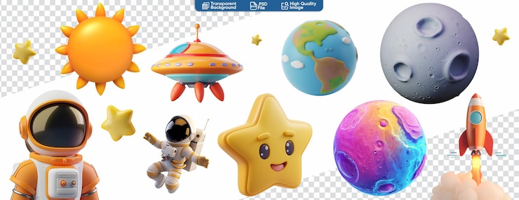 PSD 3d space elements rocket ufo astronaut star planet sun earth moon