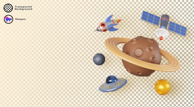 3d space exploration banner design template with place for text cartoon render icon of rocket ufo alien spaceship planet saturn sun and moon stars and satellites flying in cosmos