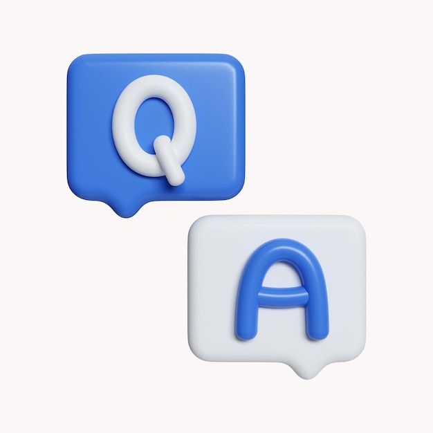 PSD fumetto 3d con q e lettere domande e risposte icona chat faq isolata su sfondo bianco illustrazione rendering 3d tracciato di ritaglio