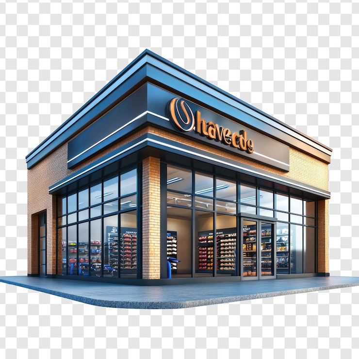 PSD 3d sporting goods store front view isolate on transparency background