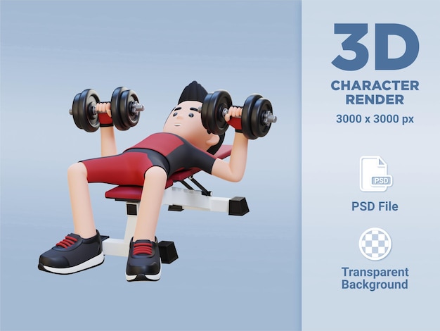 3d-sportman karakter beeldhouwen gespierde lichaamsbouw met dumbbell bench press