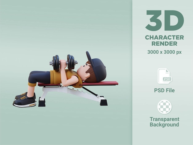 PSD 3d-sportmankarakter dat de kracht van het bovenlichaam verbetert met dumbbell close grip bench press