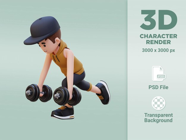 3d-sportmankarakter die dumbbell single leg deadlift links uitvoert