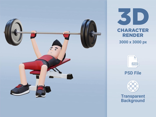 PSD 3d sportsman character building strength with barbell bench press exercise