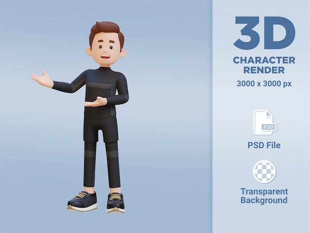 3d sportsman character embracing confidence with a dynamic hand presentation pose
