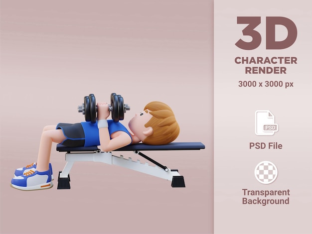 PSD personaggio sportivo 3d che migliora la forza della parte superiore del corpo con la panca con impugnatura stretta con manubri