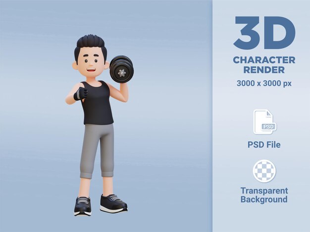 PSD Персонаж 3d-спортсмена показывает большой палец вверх, держа гантель