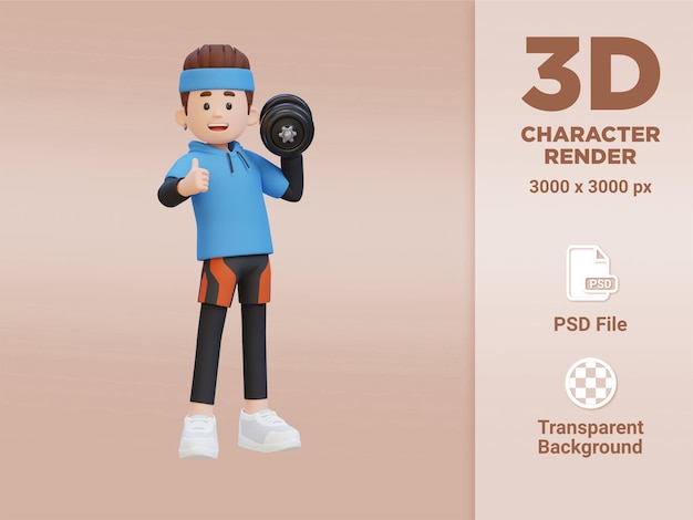 PSD 3d sportsman character giving a thumbs up while holding dumbbell