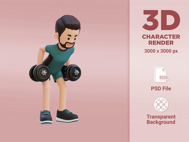 ダンベルを使って腰をかがめてダイナミックなトレーニングを行う 3 D スポーツマン キャラクター