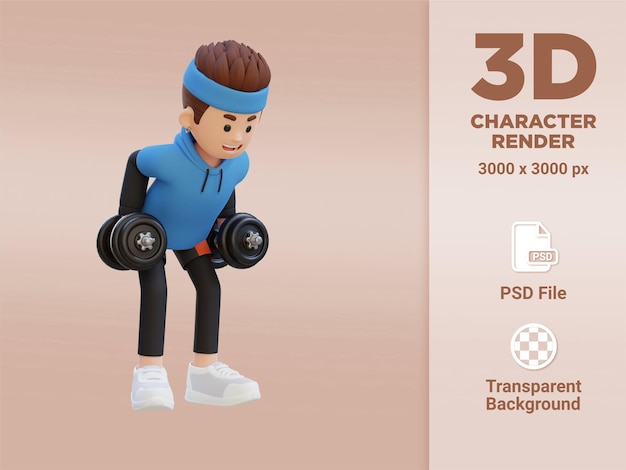 3D Sportsman Character Performing Bent Over Row Dynamic Workout with Dumbbell