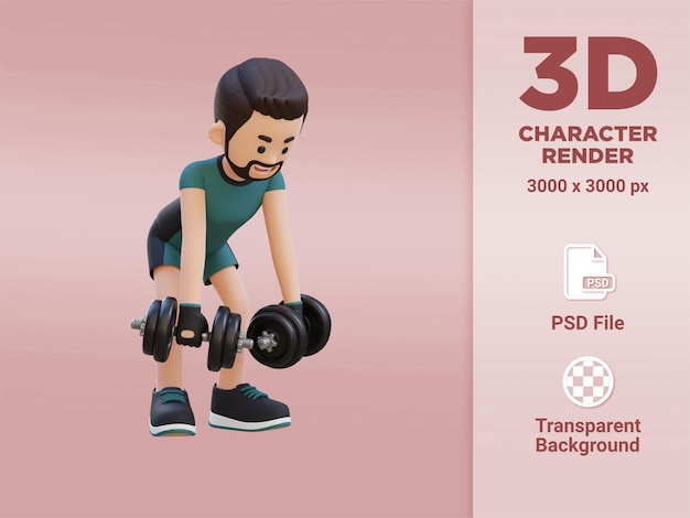 PSD 3d sportsman character performing dumbbell bent over reverse fly