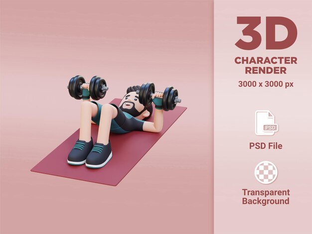 PSD 3d sportsman character performing dumbbell decline floor press