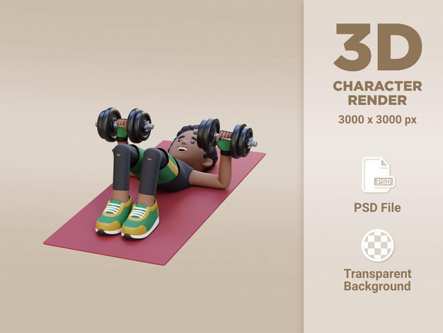 ダンベル デクライン フロア プレスを実行する 3 D スポーツマン キャラクター