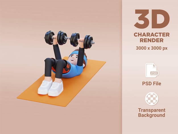 ダンベル デクライン フロア プレスを実行する 3 D スポーツマン キャラクター