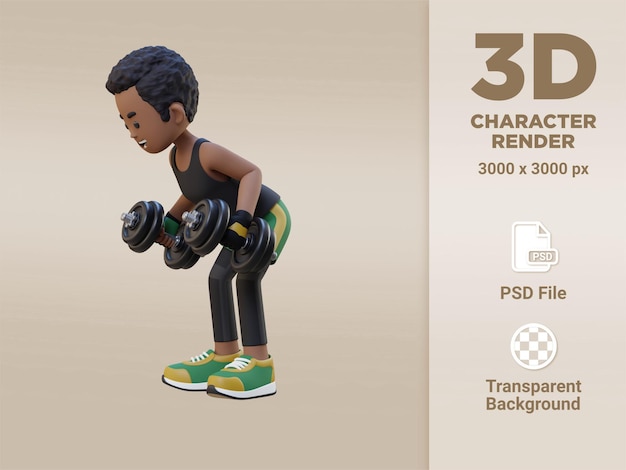 3d sportsman character performing dumbbell kickbacks