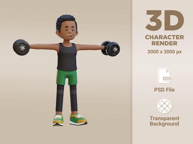 Personaggio sportivo 3d che esegue il sollevamento laterale con manubri