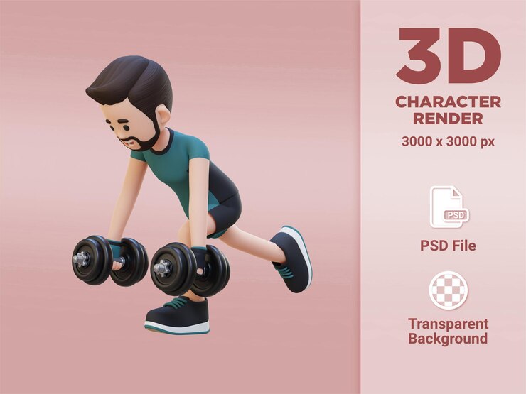 PSD 3d sportsman character performing dumbbell single leg deadlift left