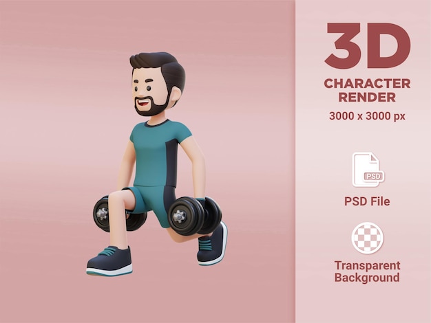 PSD 3d sportsman character performing dumbbell split squats right