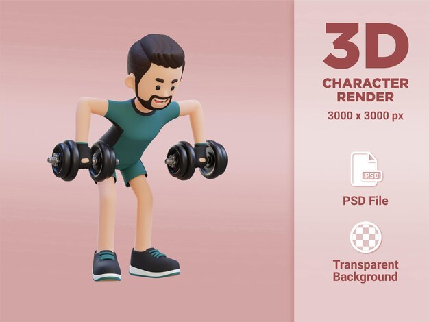 ダンベルを使ってリアデルトローを実行する 3 D スポーツマン キャラクター