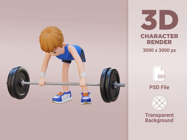 Carattere sportivo 3d che scolpisce i muscoli della schiena con l'allenamento piegato sopra la fila