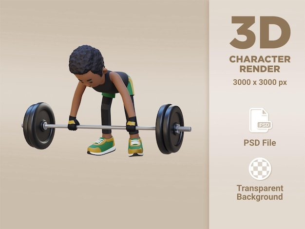 Personaggio sportivo 3d scolpisce i muscoli della schiena con bent over row workout