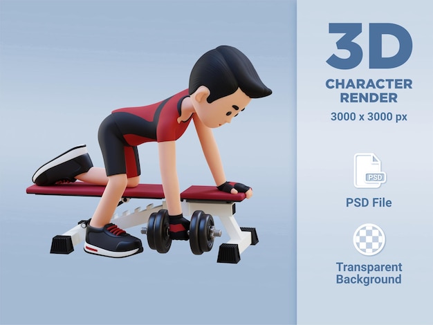 PSD 3d sportsman character sculpting back muscles with dumbbell row exercise