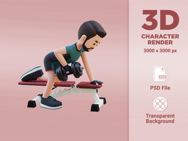 PSD 3d sportsman character sculpting back muscles with dumbbell row exercise