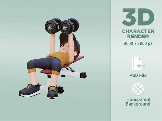 PSD 3d sportsman character sculpting muscular chest with dumbbell bench chest fly