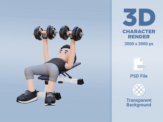 PSD 3d персонаж-спортсмен, скульптурирующий мускулистое телосложение с помощью жима лежа с гантелями