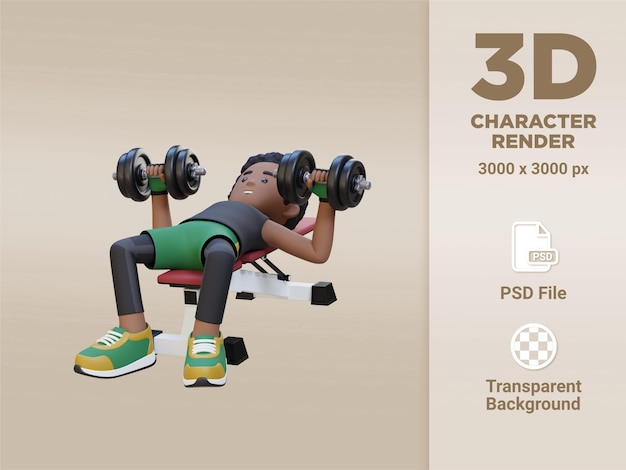 PSD 3d sportsman character sculpting muscular physique with dumbbell bench press